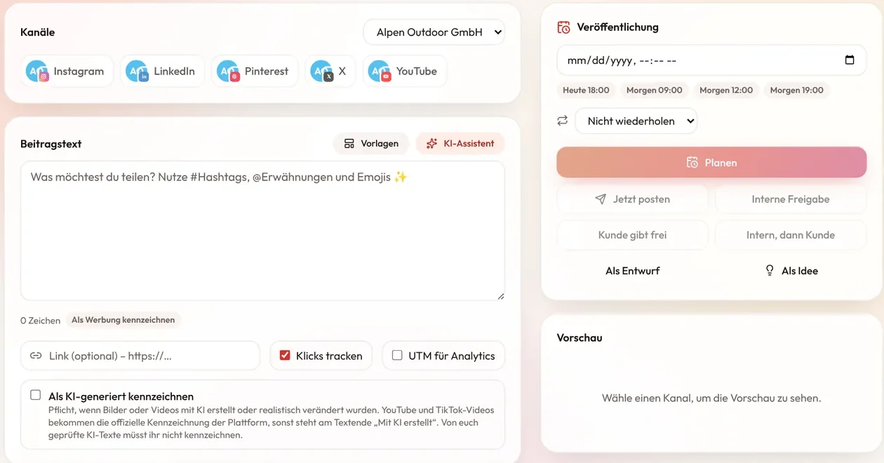 Sendalo: creating a new post for several channels